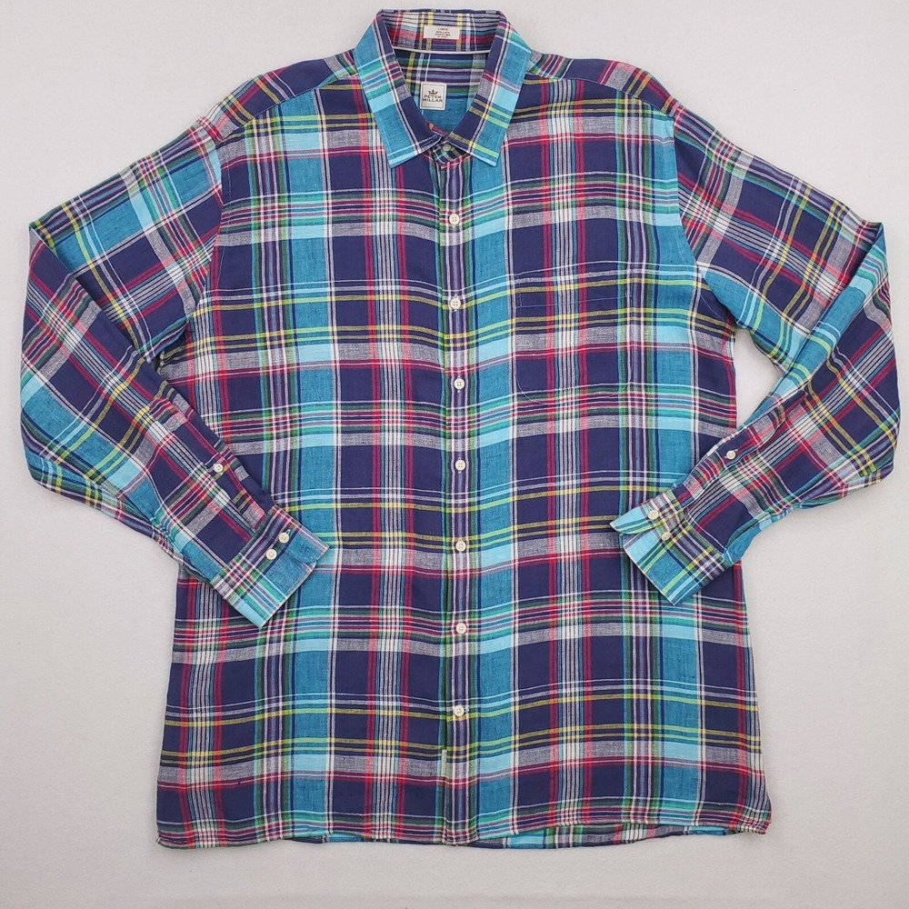 Peter Millar Shirt Mens Large Multicolor Linen Madras Plaid Button Up Colorful